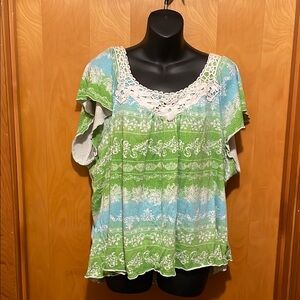 Green and Blue Women's Top with Lace Detail
